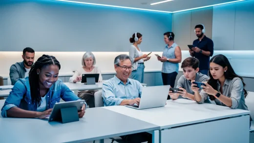 Personer använder digitala enheter för underhållning i modernt utrymme