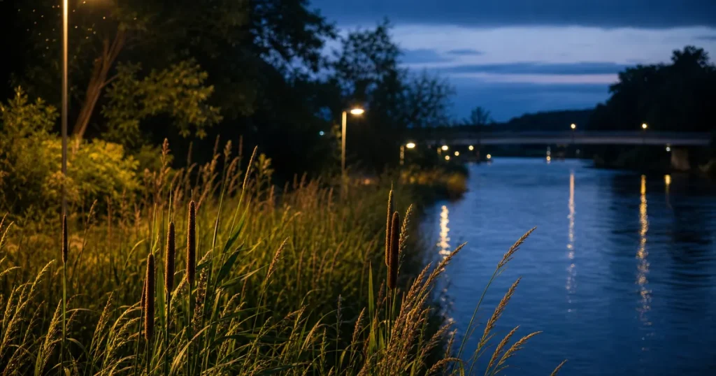 Kvällsvy över svensk å med belysning längs strandpromenad som reflekteras i vattnet