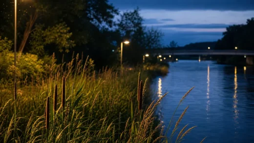 Kvällsvy över svensk å med belysning längs strandpromenad som reflekteras i vattnet