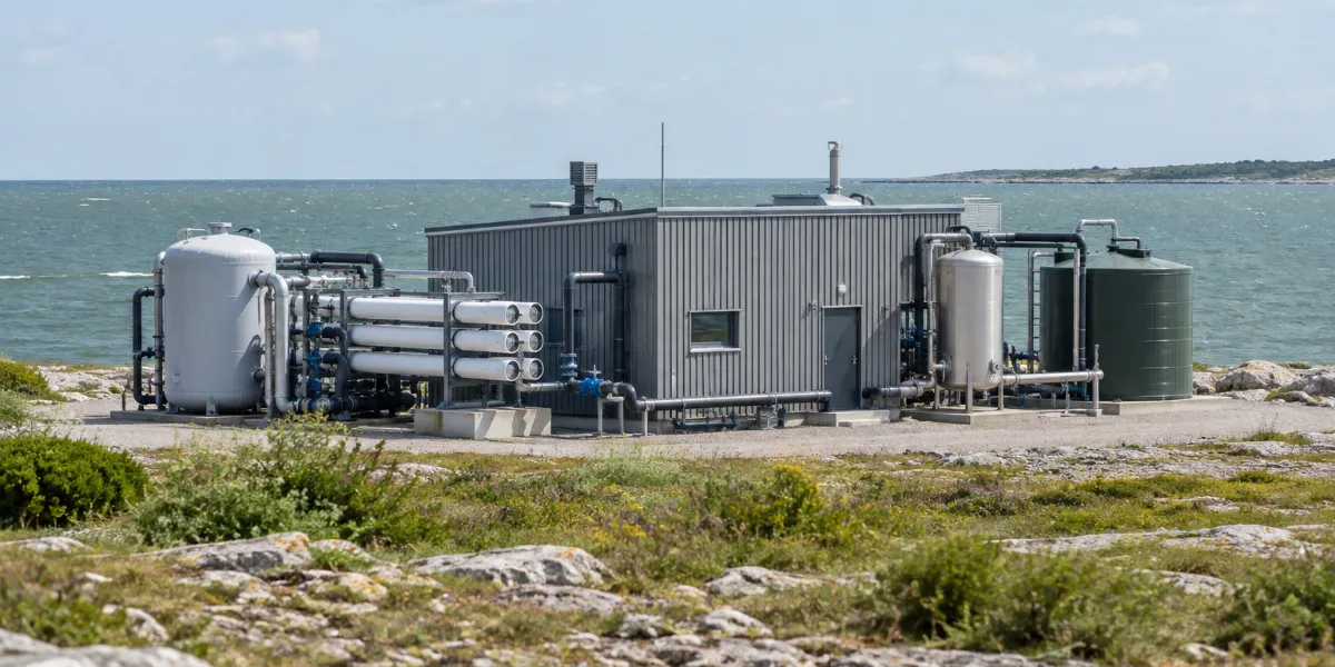 Avsaltningsverk vid en kalkstenskust som gör dricksvatten av havsvatten