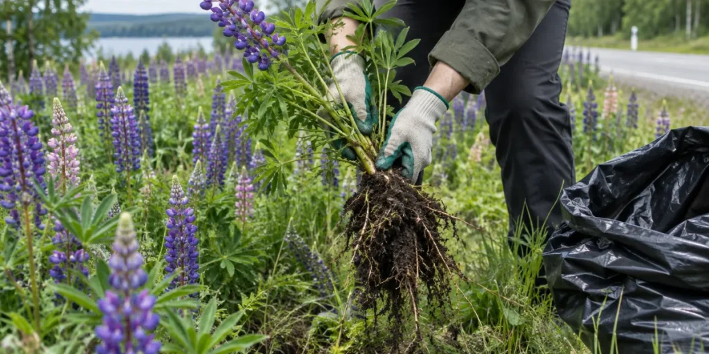 Händer i trädgårdshandskar som drar upp en lupin med roten i ett dike