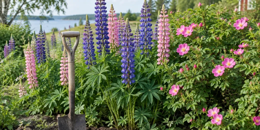 Blomsterlupiner och vresros i en trädgårdsrabatt med en spade i jorden