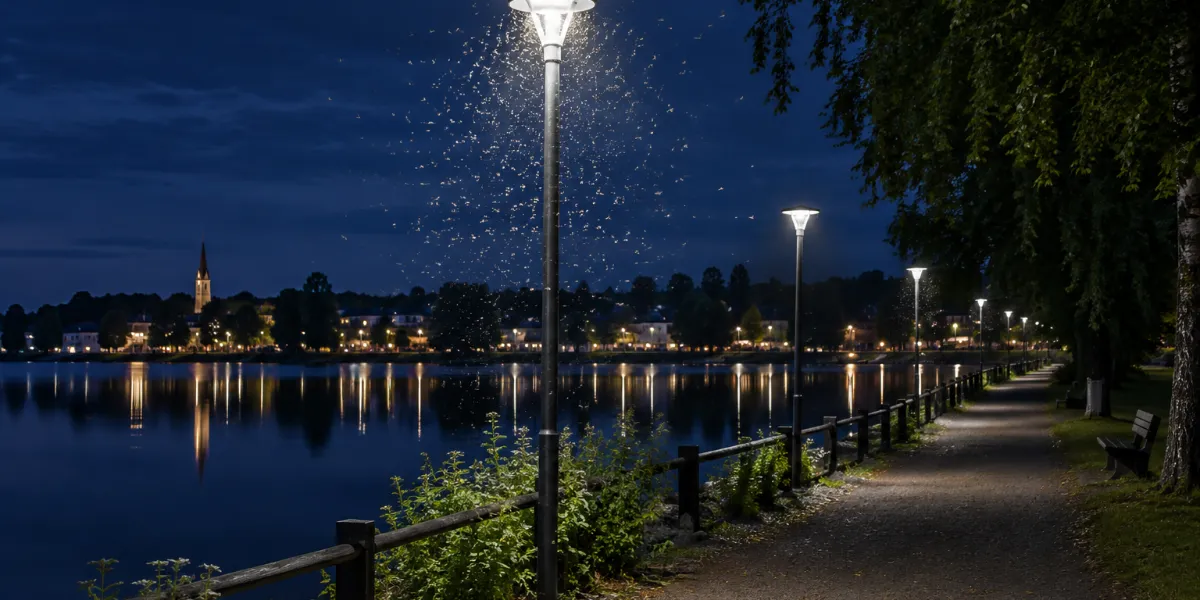 Gatlampor längs en strandpromenad lyser över en mörk sjö medan insekter svärmar kring ljuset