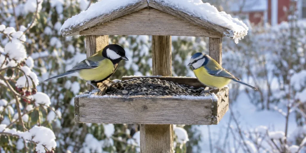 Talgoxe och blåmes på ett fågelbord med solrosfrön i en snöig trädgård