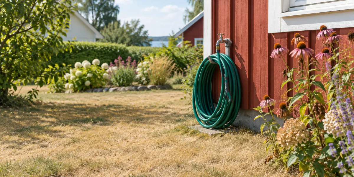 Torr, gulnad gräsmatta i en svensk villaträdgård med en hoprullad vattenslang som inte används